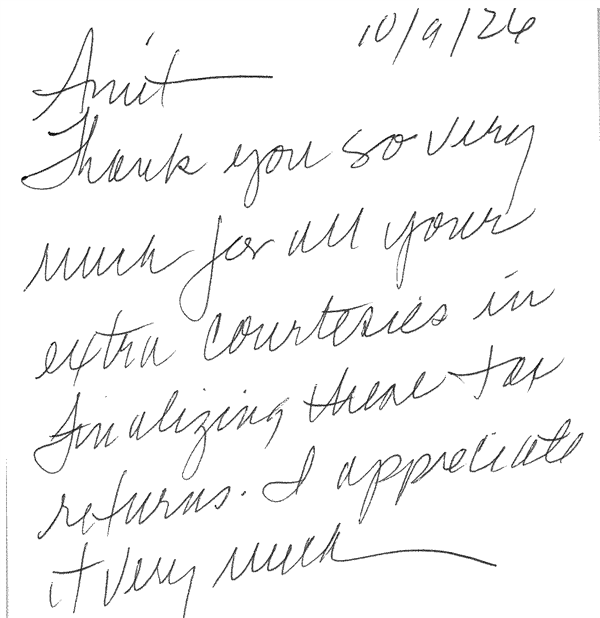 Handwritten thank-you note from a client to Amit, dated October 9, 2026