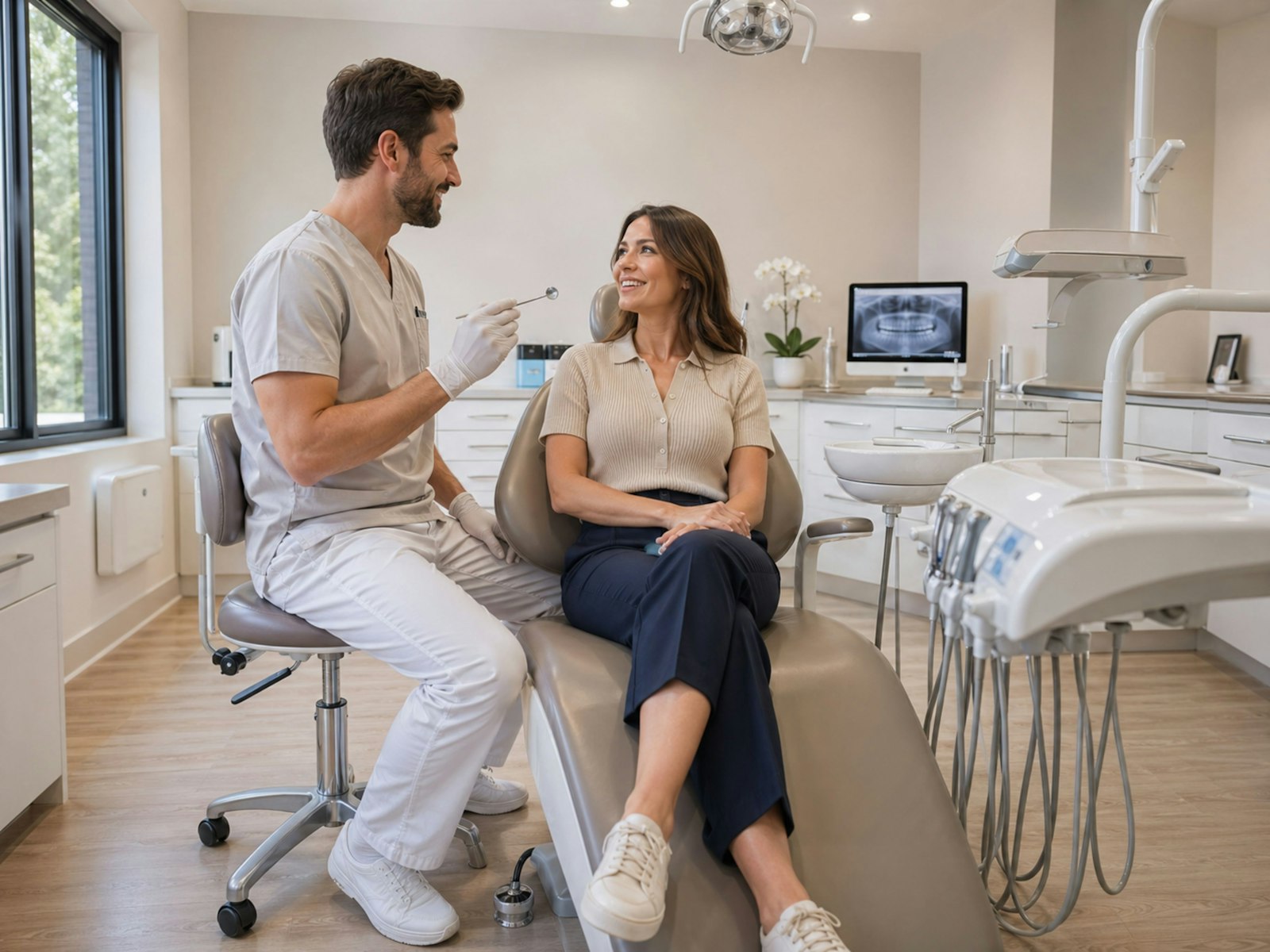 Dentist speaking with a patient in a modern dental clinic